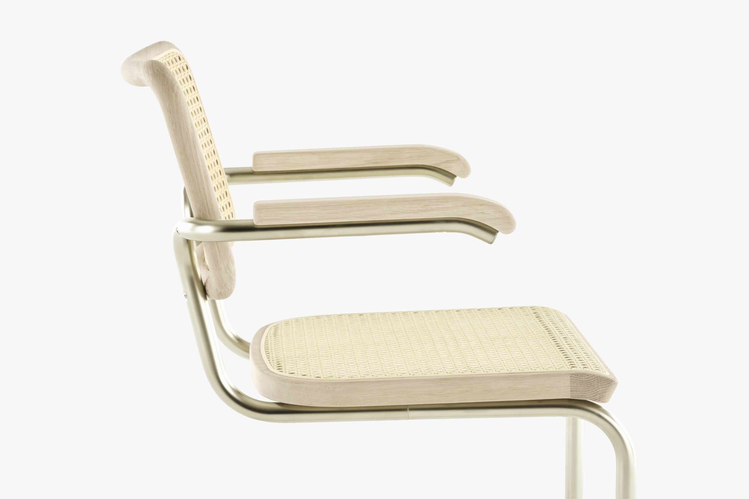 JS. Thonet S 64 V Freischwinger Stuhl, Bugholz, Wiener Geflecht, Stahlrohr, Designklassiker, seitliche Ansicht.