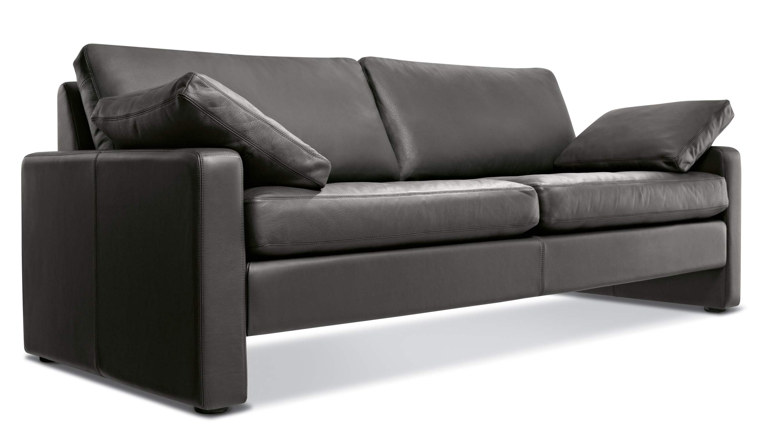 Conseta Sofa in dunklem Leder mit zwei Sitzelementen und losen Kissen.