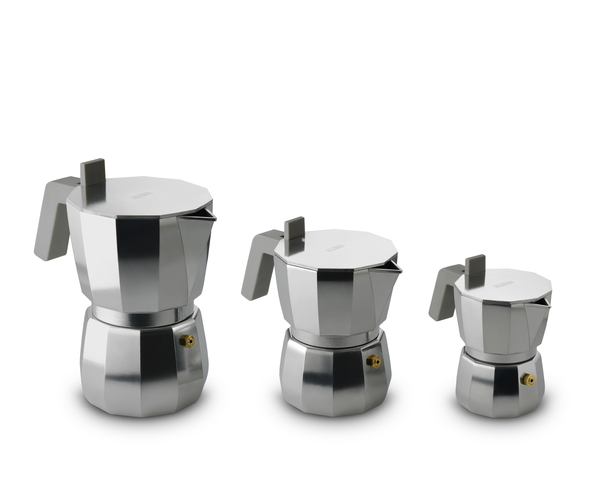 Drei Alessi Moka Espressokocher in verschiedenen Größen, aus Aluminium, für italienischen Kaffee.