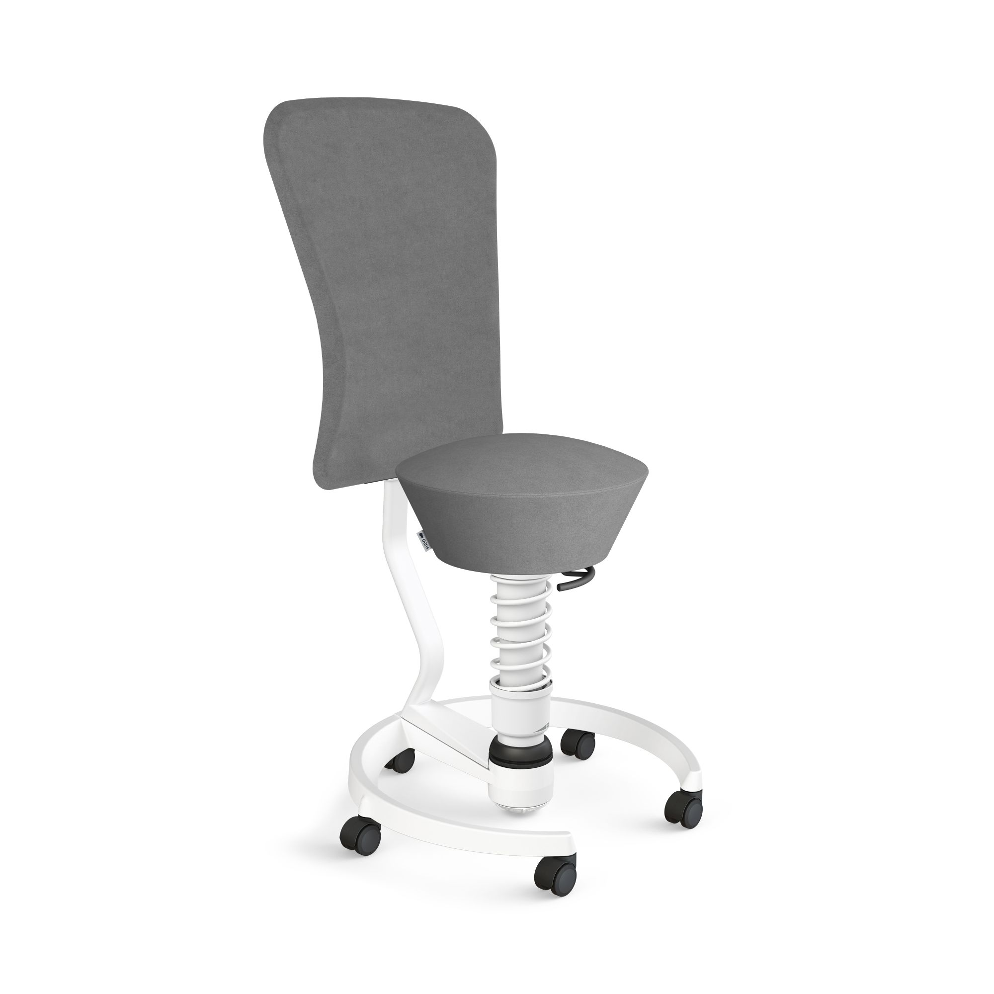 Grauer Bürohocker mit Rückenlehne, weißem Gestell und Rollen für ergonomisches Sitzen im Büro.