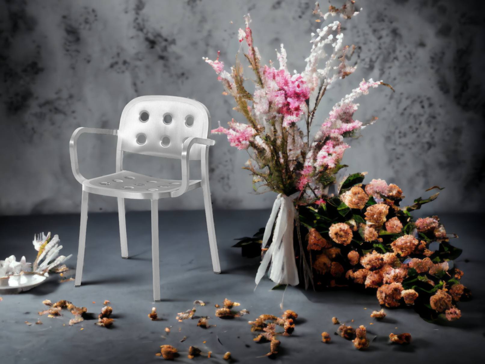 Emeco 1 Inch Armchair aus Aluminium, silberfarben, mit Armlehnen und Blumenstrauß im Hintergrund.