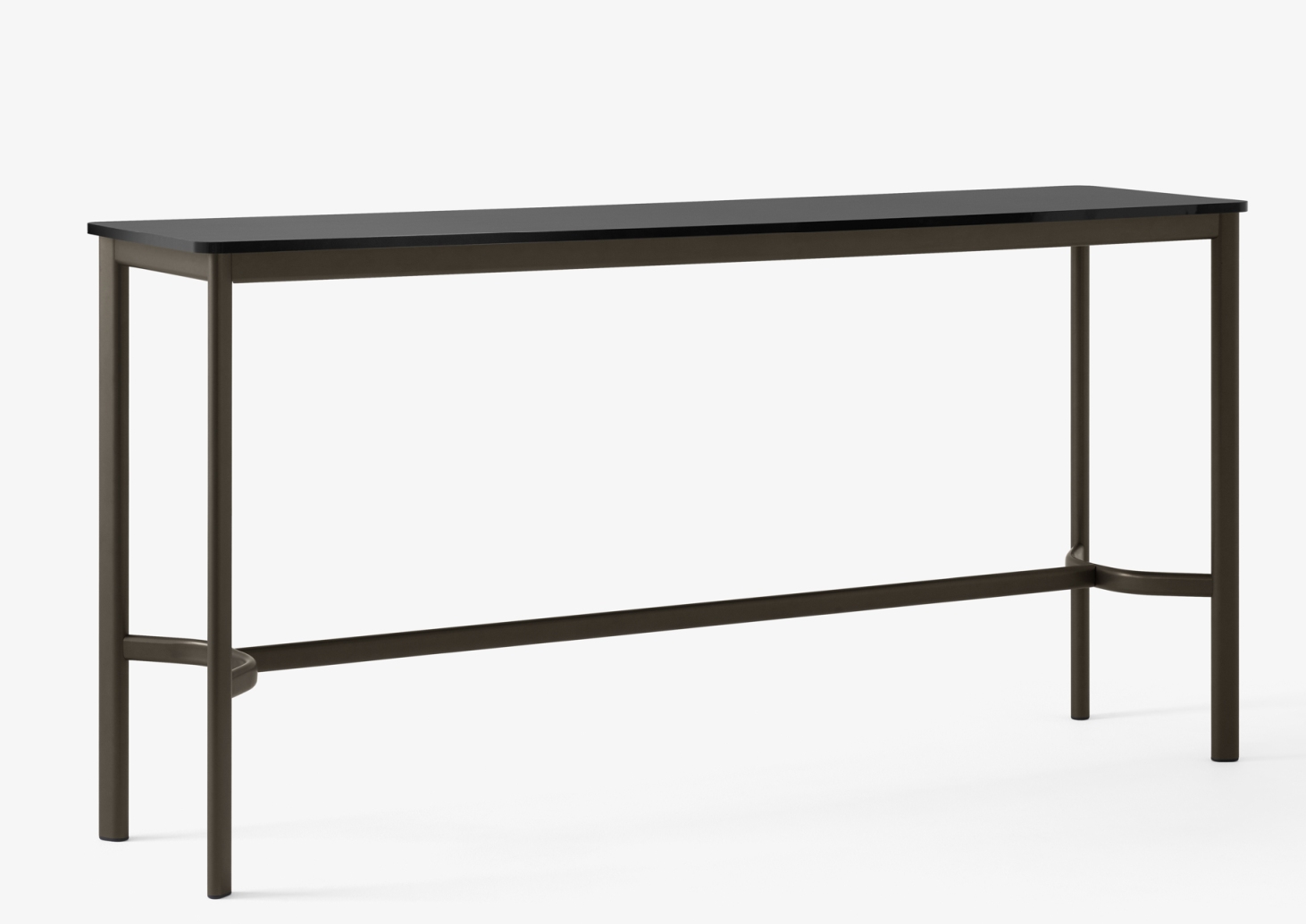 AndTradition Drip Stehtisch mit schwarzer Tischplatte und dunkelbraunem Metallgestell, ideal für moderne Büros.