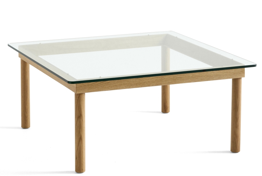 Kofi Couchtisch von Hay: Quadratischer Wohnzimmertisch mit Glasplatte und hellem Holzgestell. Moderner Beistelltisch für das Wohnzimmer.