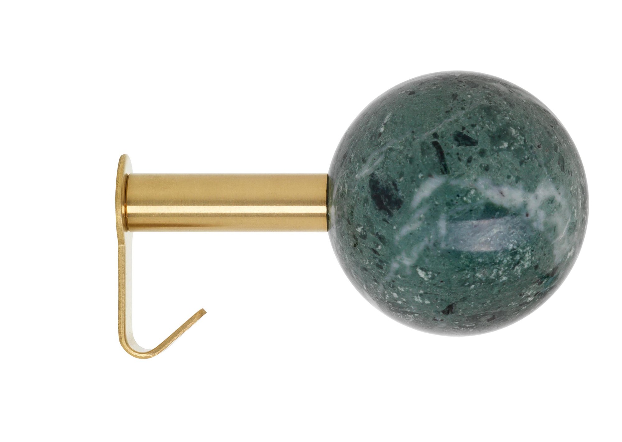 Schönbuch Dots Stone Wandhaken: Nahaufnahme eines Wandhakens mit grüner Marmorkugel und goldenem Haken.
