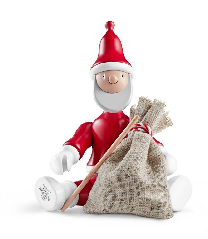 Kay Bojesen Weihnachtsmann Holzfigur sitzend mit Sack und Stock, festliche Weihnachtsdekoration für Sammler.