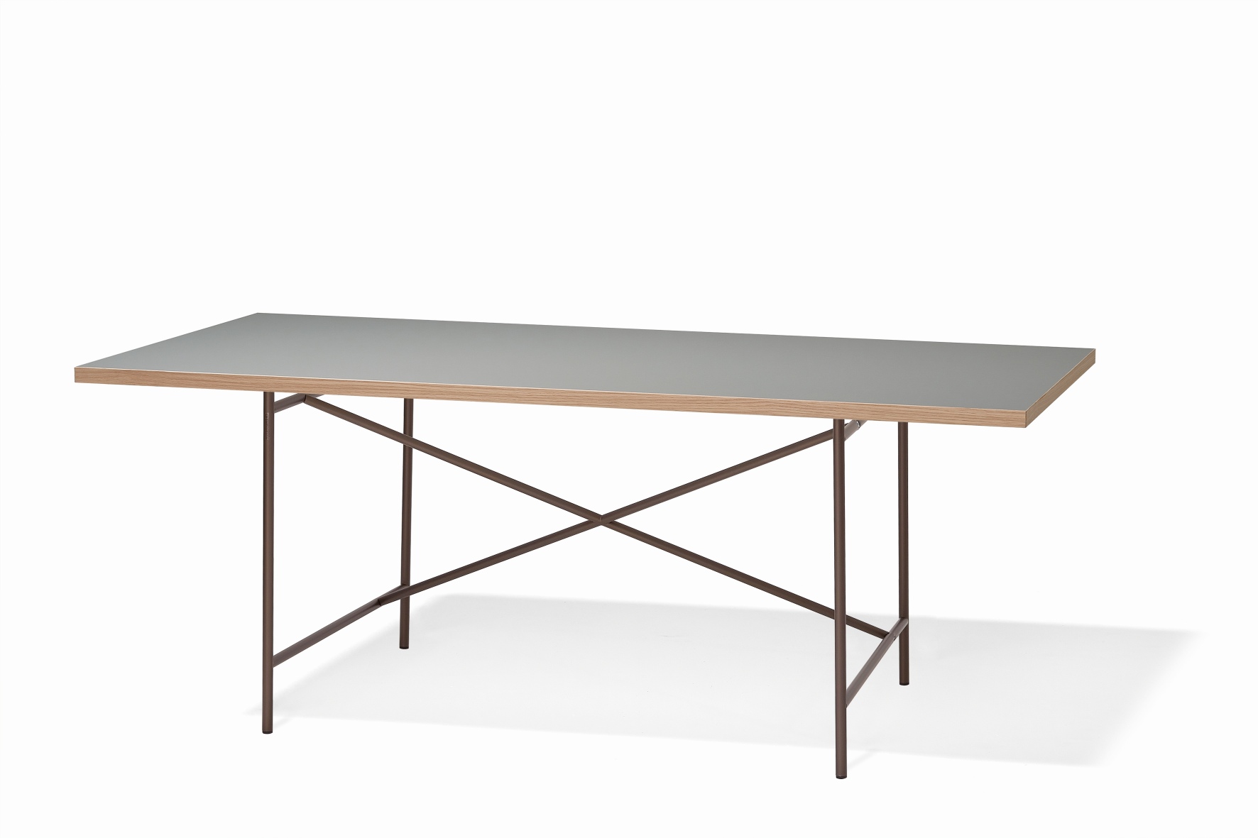 Eiermann Tisch mit grauer Tischplatte und braunem Stahlgestell, Designklassiker für Büro und Zuhause.