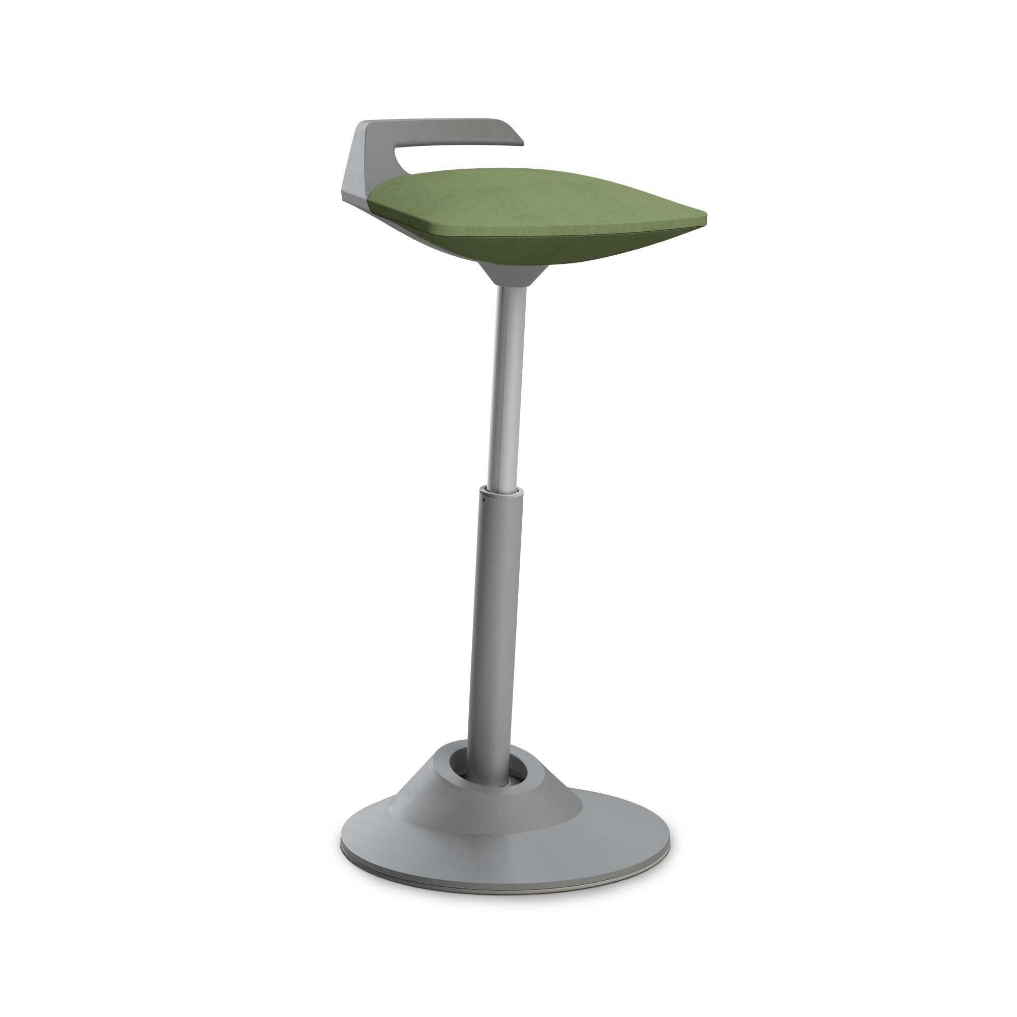 Ergonomischer Steh-Sitz-Hocker in Grau mit grünem Sitzpolster für dynamisches Sitzen im Büro oder Homeoffice.