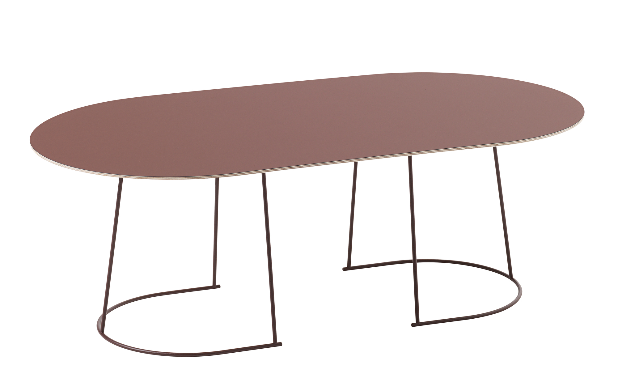 Muuto Airy Coffee Table Large, braune Tischplatte mit filigranem Metallgestell, ovaler Couchtisch.