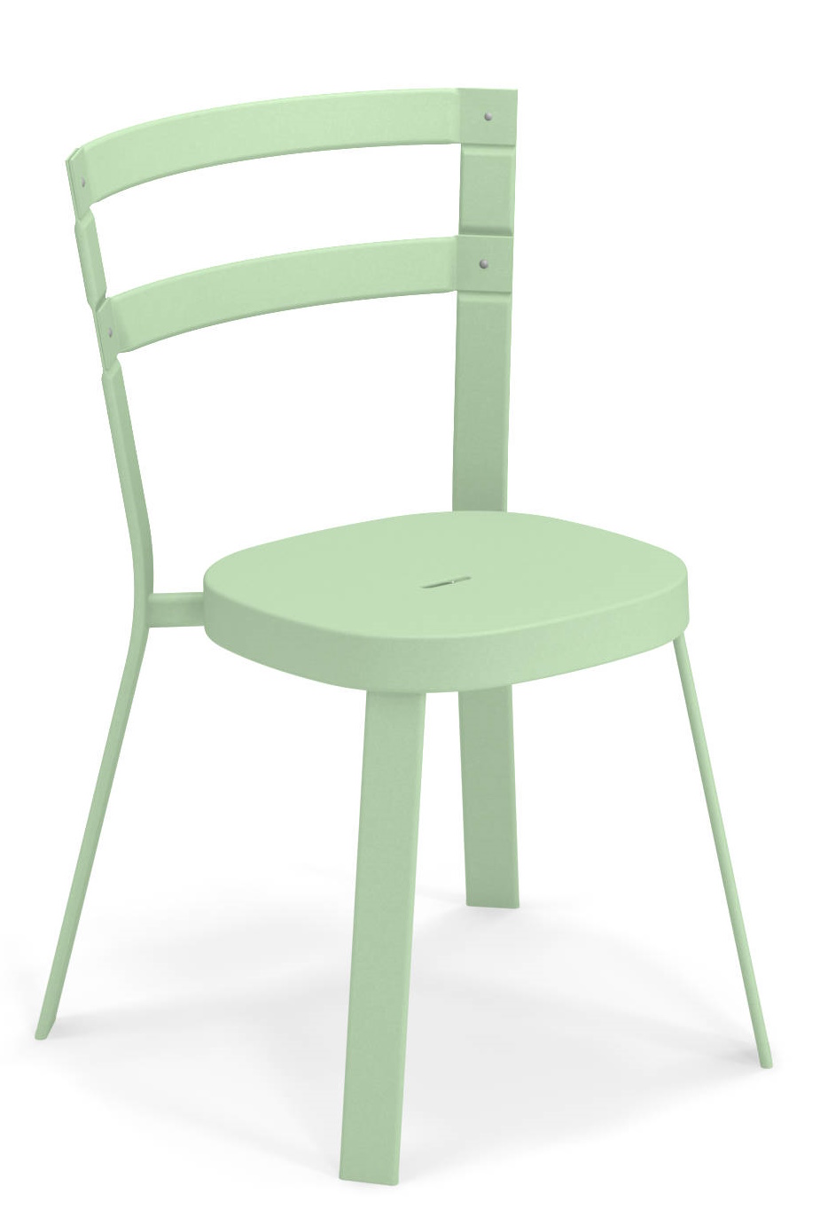 Thor Chair Stuhl Outdoor Emu, hellgrüner Gartenstuhl aus Metall mit runder Sitzfläche und Rückenlehne.
