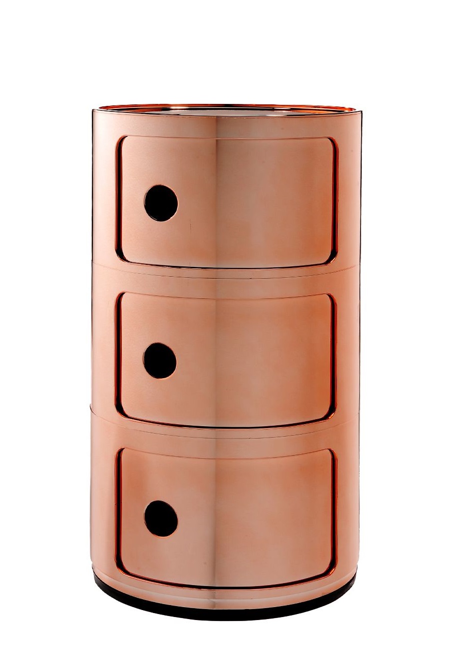 Kartell Componibili 3er Element in Kupfer-Metallic, runder Kunststoff-Schrank mit drei Fächern und Lochgriffen.
