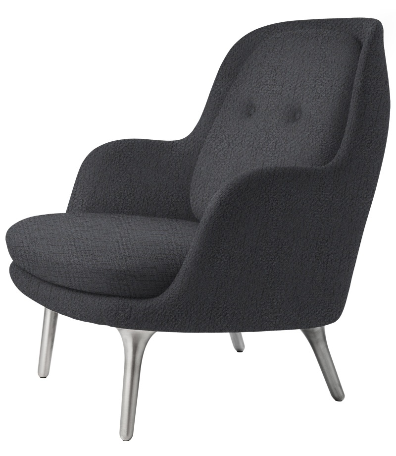 Grauer Fri Sessel von Fritz Hansen mit Armlehnen und silberfarbenen Beinen. Design Sessel für Wohnzimmer.