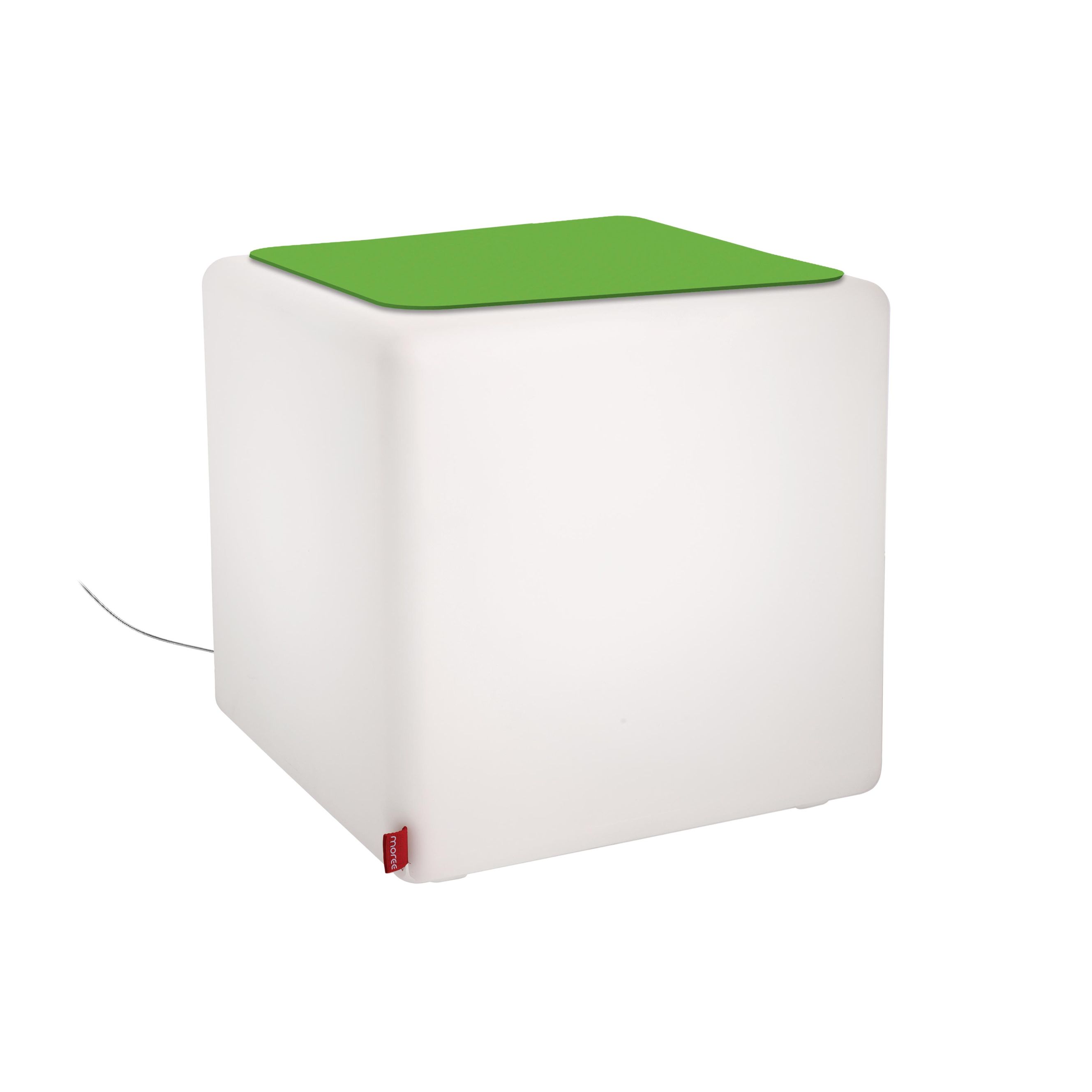 CUBE Hocker von Moree: Weißer, leuchtender Würfel mit grüner Tischplatte aus Glas.