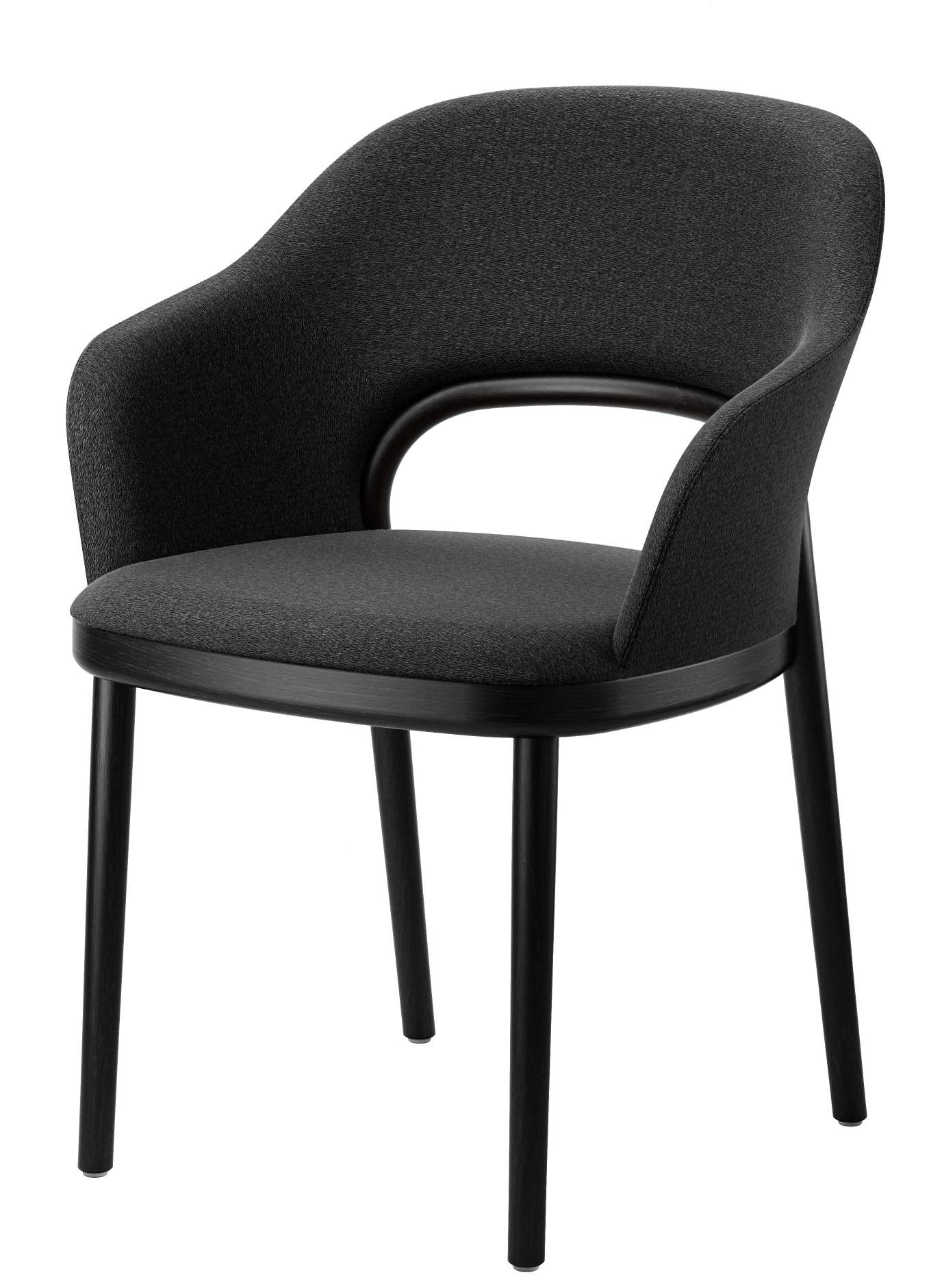 Schwarzer 520 PF Thonet Polsterstuhl mit Armlehnen und Holzbeinen, moderner Designstuhl für Esszimmer und Wohnbereich.