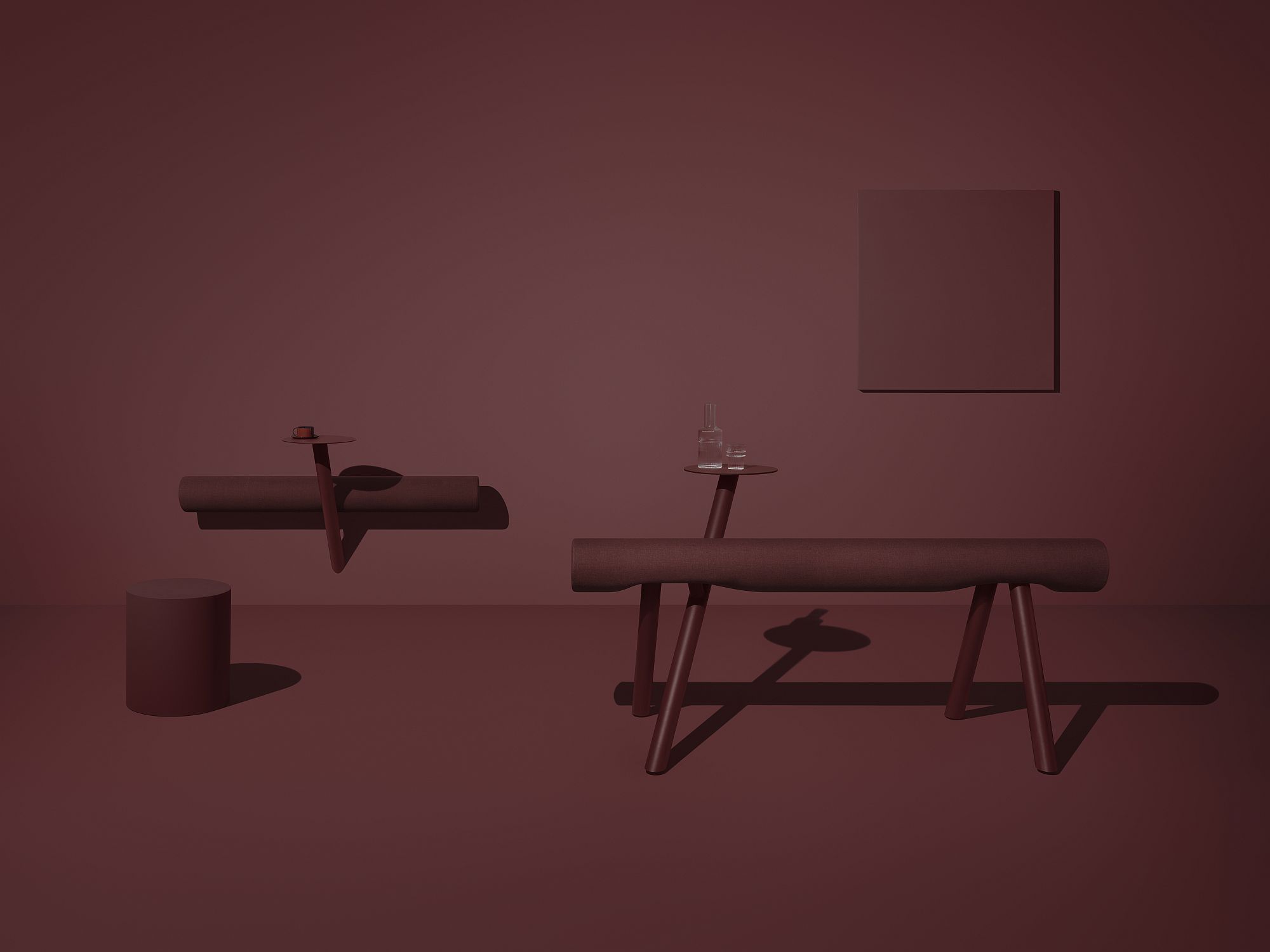 Lumber Wall Sitzmöbel von Mizetto in Bordeauxrot, minimalistisches Design mit Hocker und Wandbild.