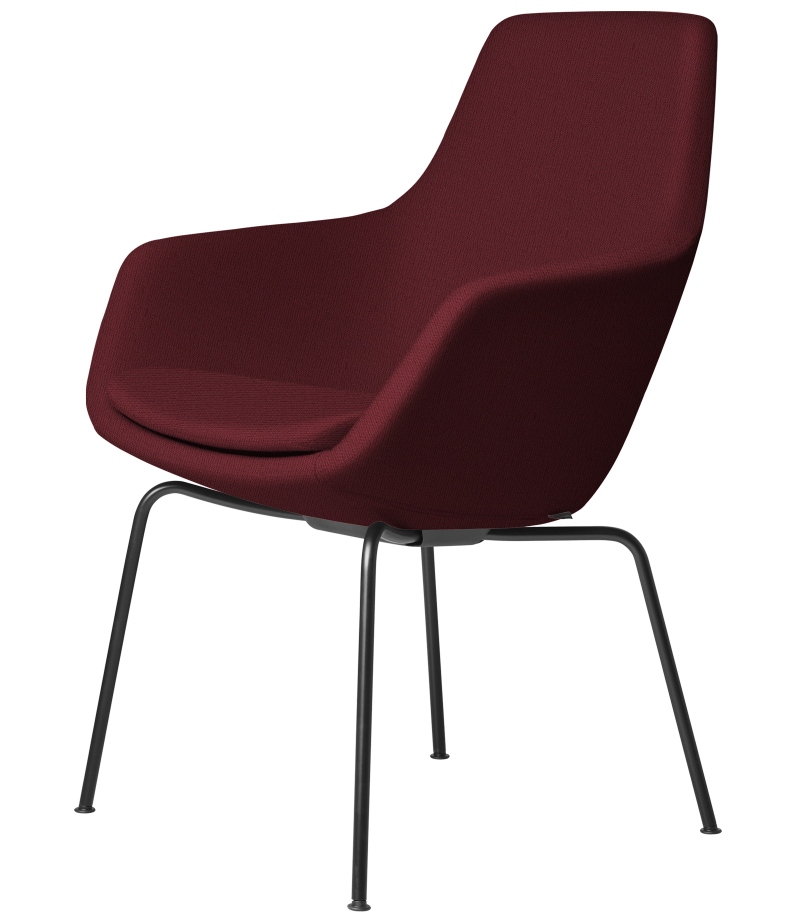Burgunderroter Little Giraffe Stuhl von Fritz Hansen mit Armlehnen und schwarzem Metallgestell.