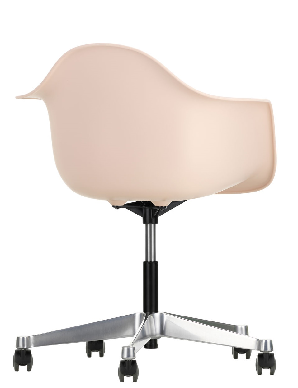 Eames Plastic Arm Chair PACC Stuhl von Vitra, hellbeige Sitzschale, Drehgestell mit Rollen, Rückansicht.