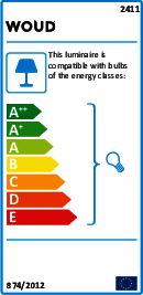 Energieeffizienzlabel der Tangent Table Lamp Tischleuchte von Woud, kompatibel mit Leuchtmitteln der Energieklassen A++ bis E.