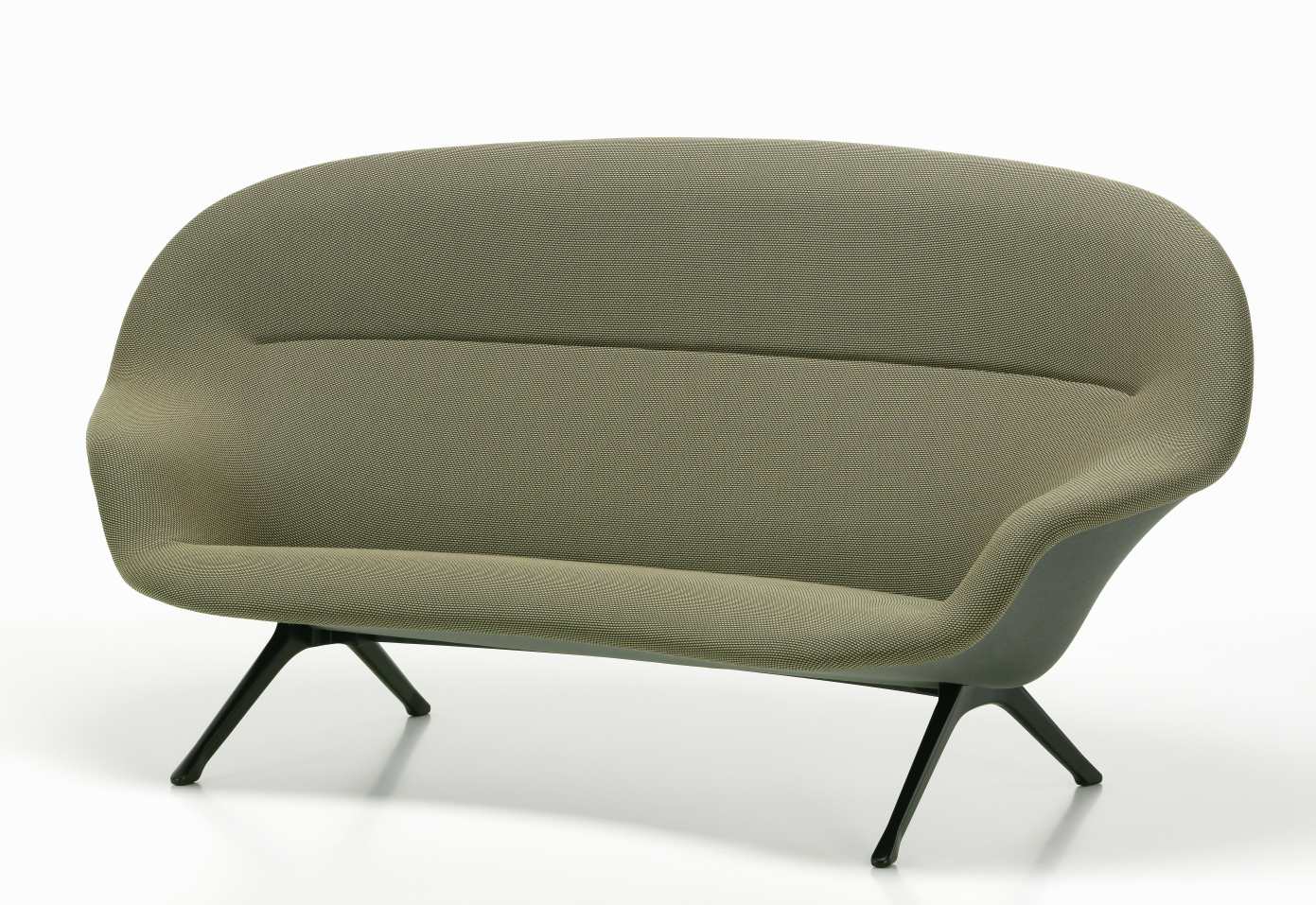 Abalon Sofa von Vitra, modernes Zweisitzer-Sofa mit olivgrünem Stoffbezug und schwarzen Füßen.