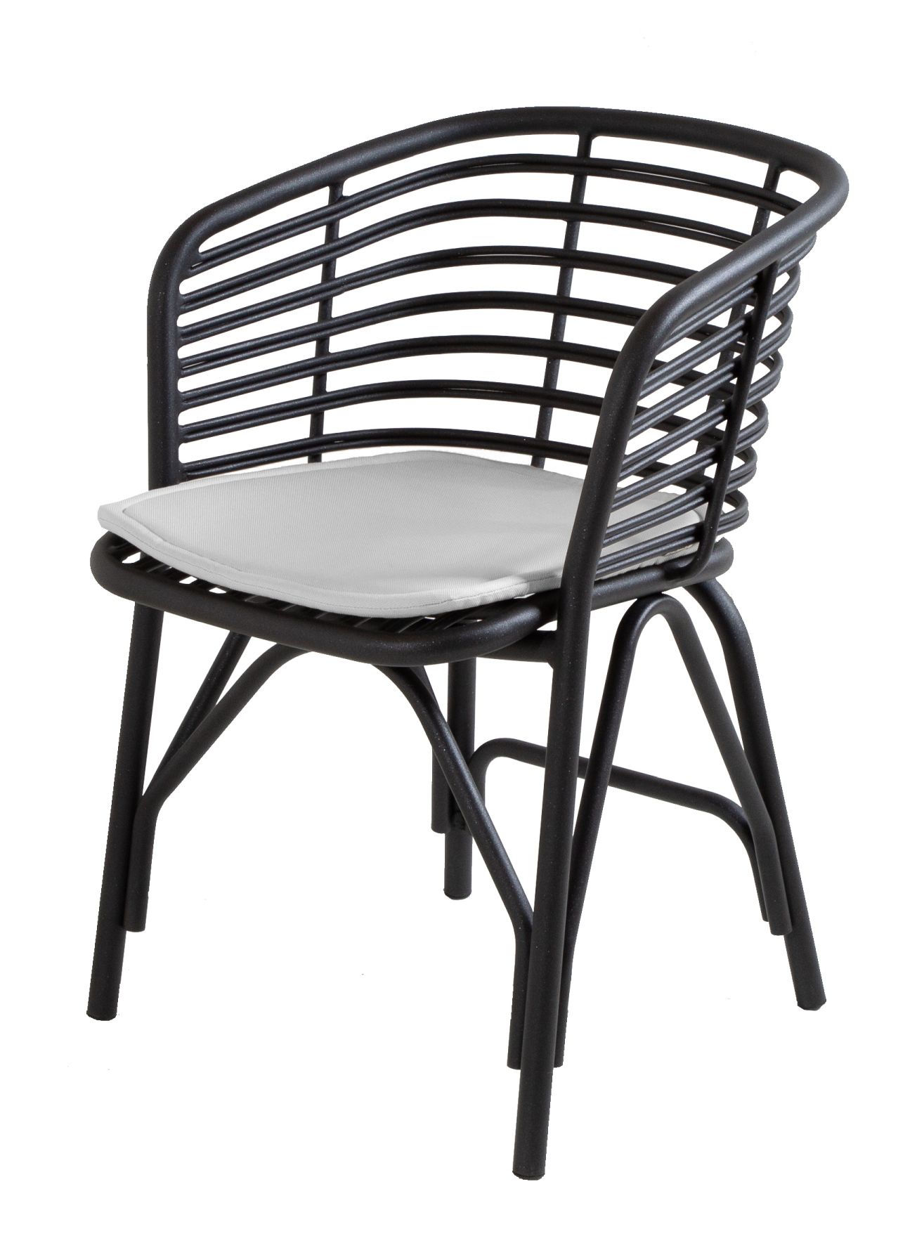 Cane-Line Blend Sessel: Schwarzer Outdoor Sessel mit grauem Sitzkissen für Garten und Terrasse.