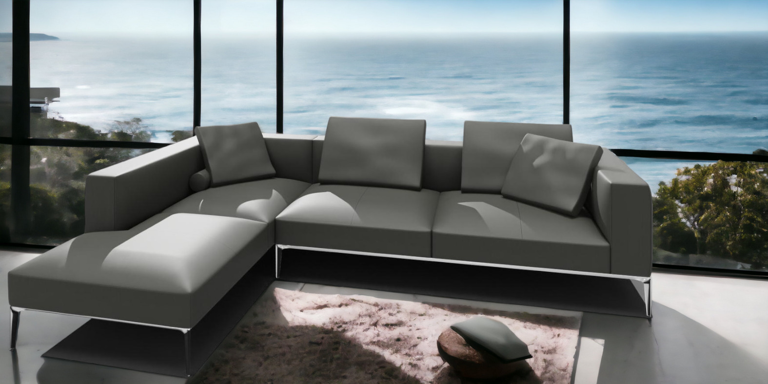 Jaan Living Sofa, 3-Sitzer Ledersofa in Taupe mit Kissen und Komfortrollen.