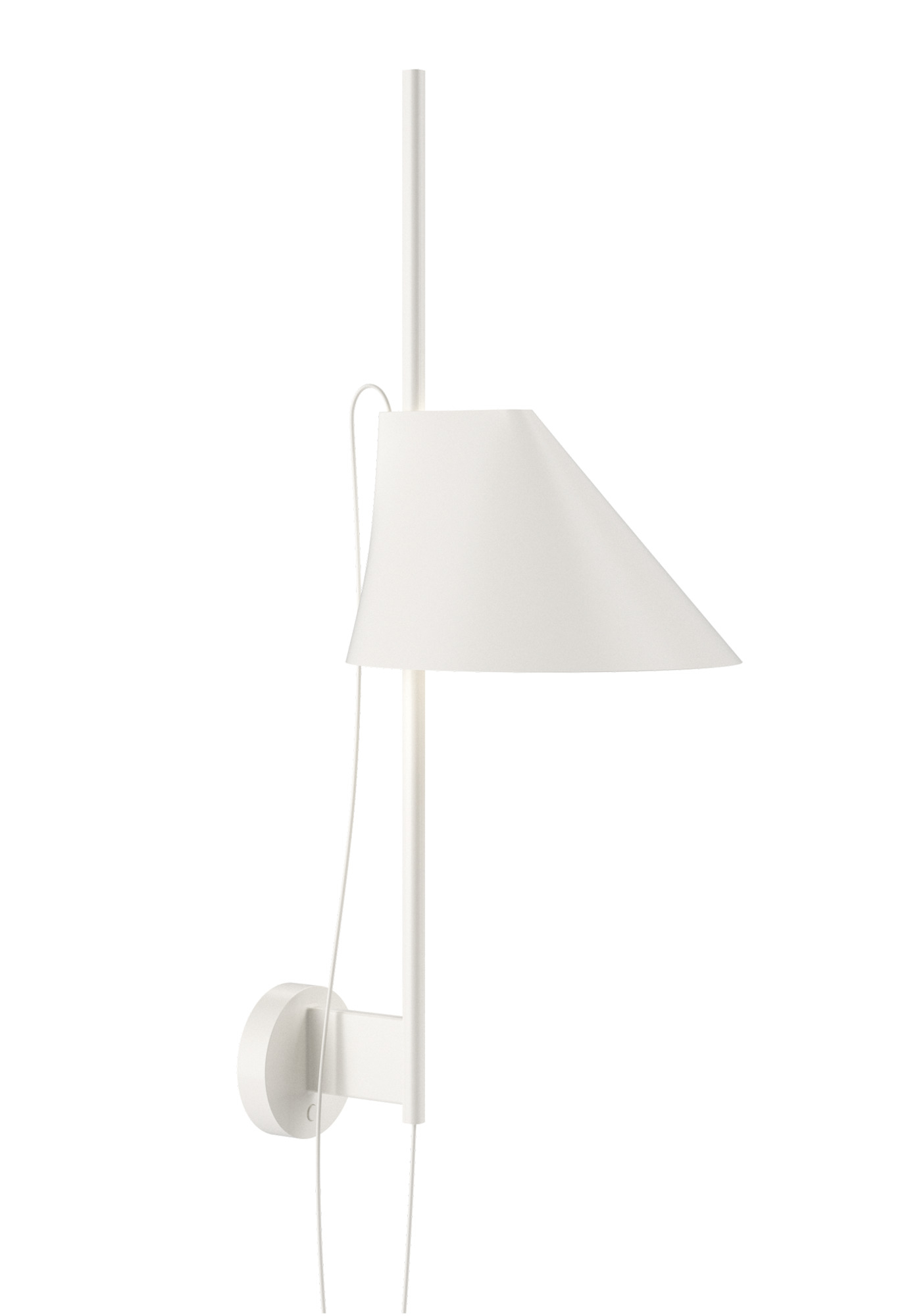 Weiße Yuh LED Wandleuchte von Louis Poulsen mit konischem Lampenschirm und minimalistischem Design.