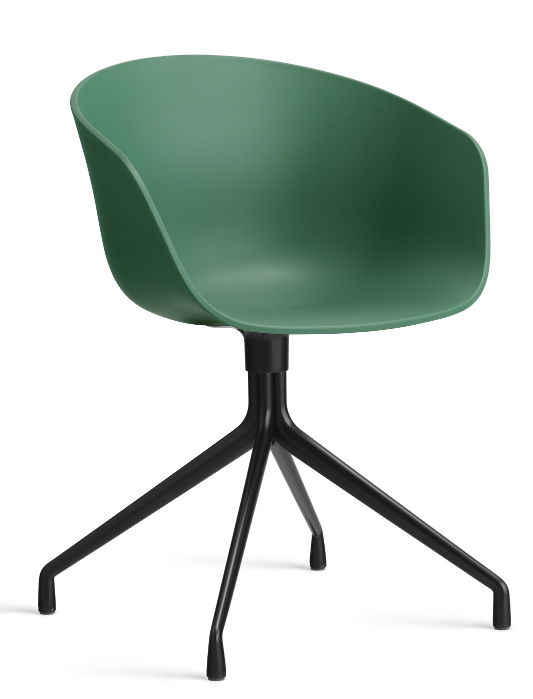 Grüner About A Chair AAC20 Stuhl von Hay mit schwarzem Drehgestell und Armlehnen, modernes Design.