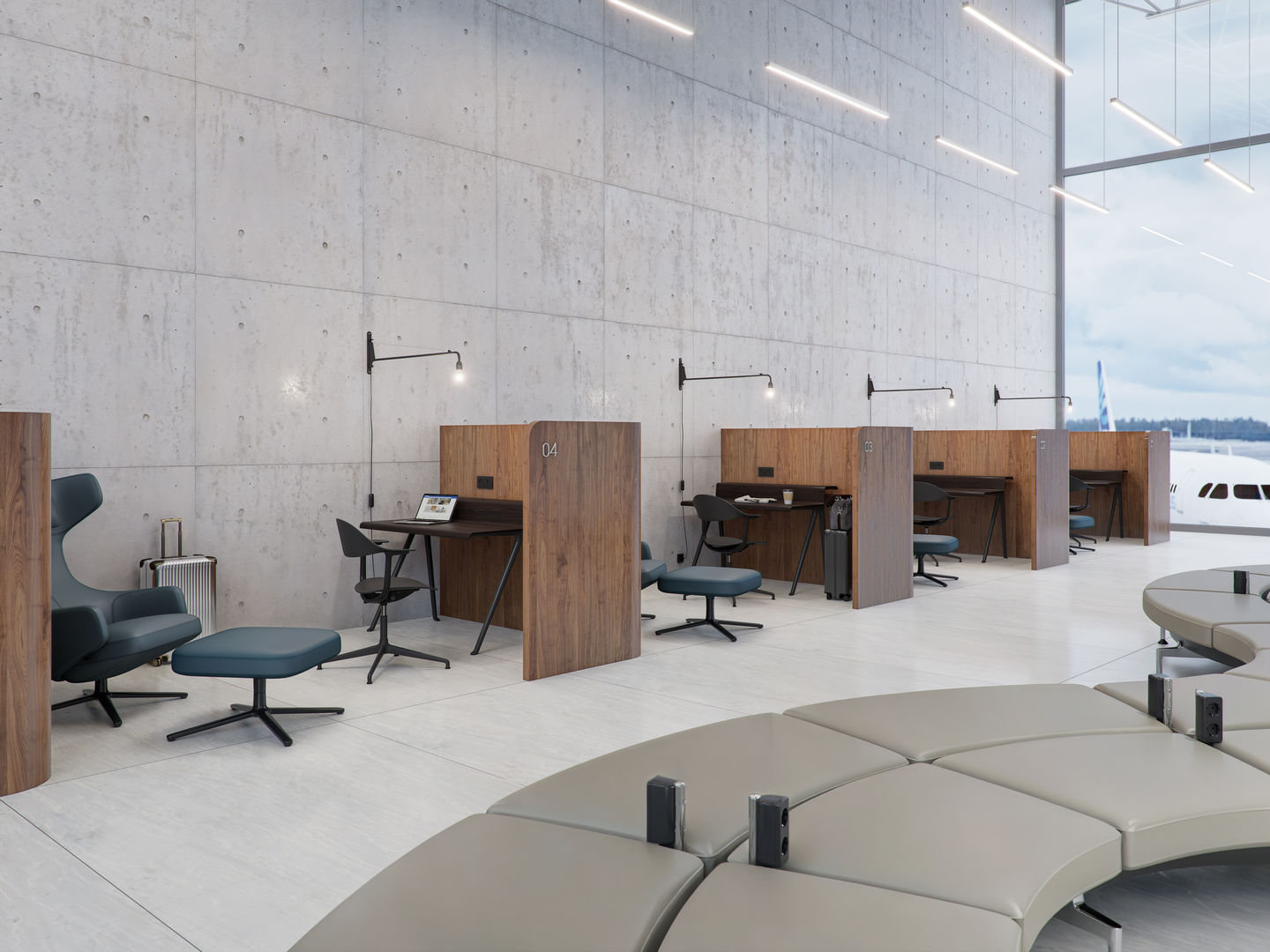 Vitra Courier Schreibtische in Wartebereich mit Sessel, Hocker und Gepäck für konzentriertes Arbeiten.