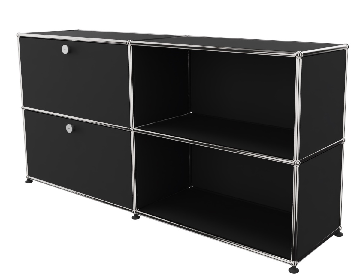 USM Haller Sideboard in Graphitschwarz mit zwei offenen Fächern und zwei Klappen links.