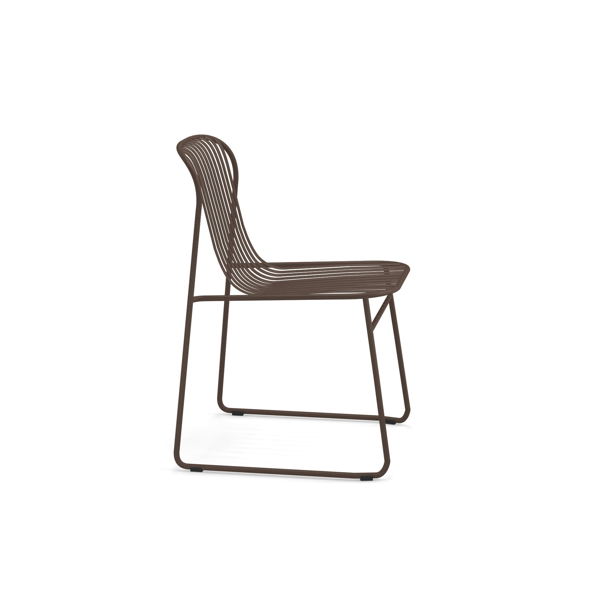 Riviera Stuhl Emu, brauner Metallstuhl für den Garten, minimalistisches Design, Seitenansicht.