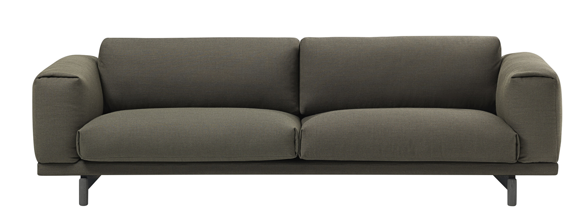 Muuto Rest Sofa, modernes 3-Sitzer Sofa in olivgrünem Stoffbezug mit minimalistischem Design für Wohnzimmer.
