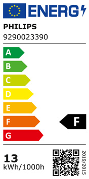 Energielabel der LED Stehleuchte mit Energieeffizienzklasse F und einem jährlichen Energieverbrauch von 13 kWh.