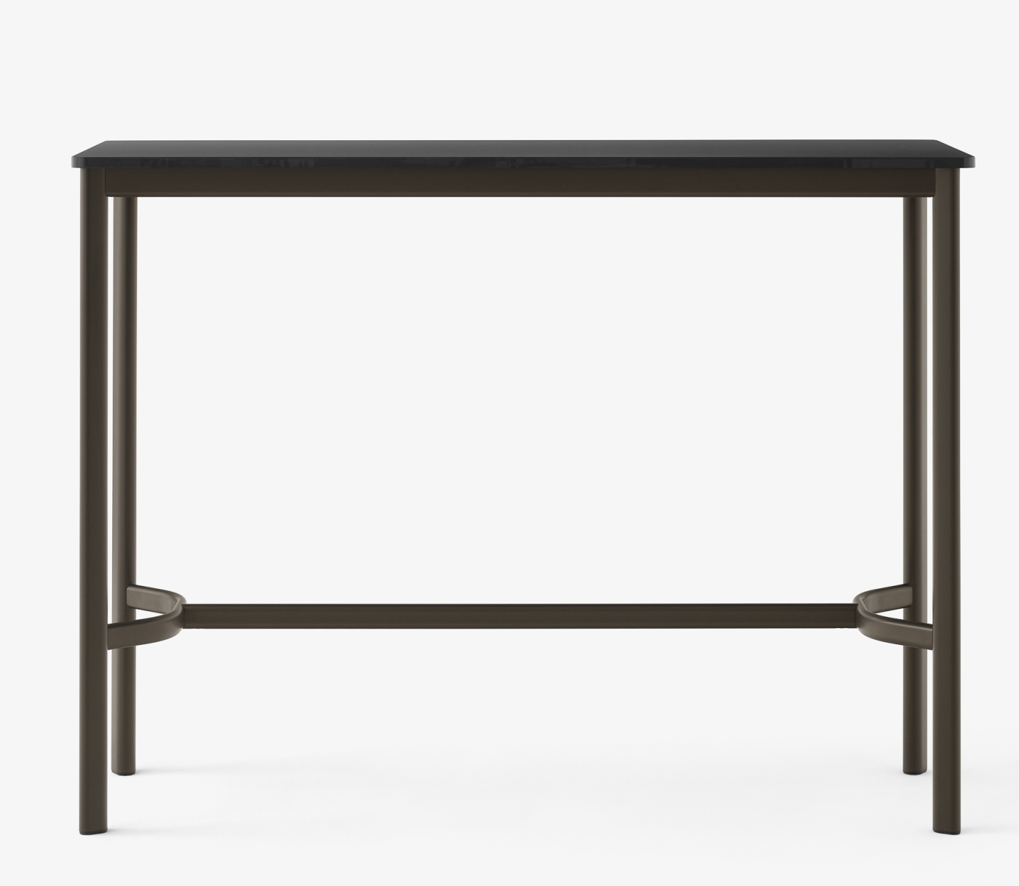 AndTradition Drip High Table Stehtisch mit dunkler Tischplatte und braunem Metallgestell für moderne Einrichtung.