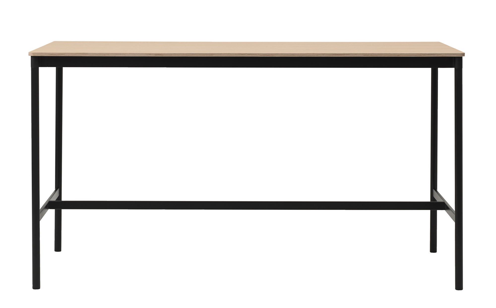 Muuto Base High Table: Stehtisch mit heller Holzplatte und schwarzem Metallgestell.