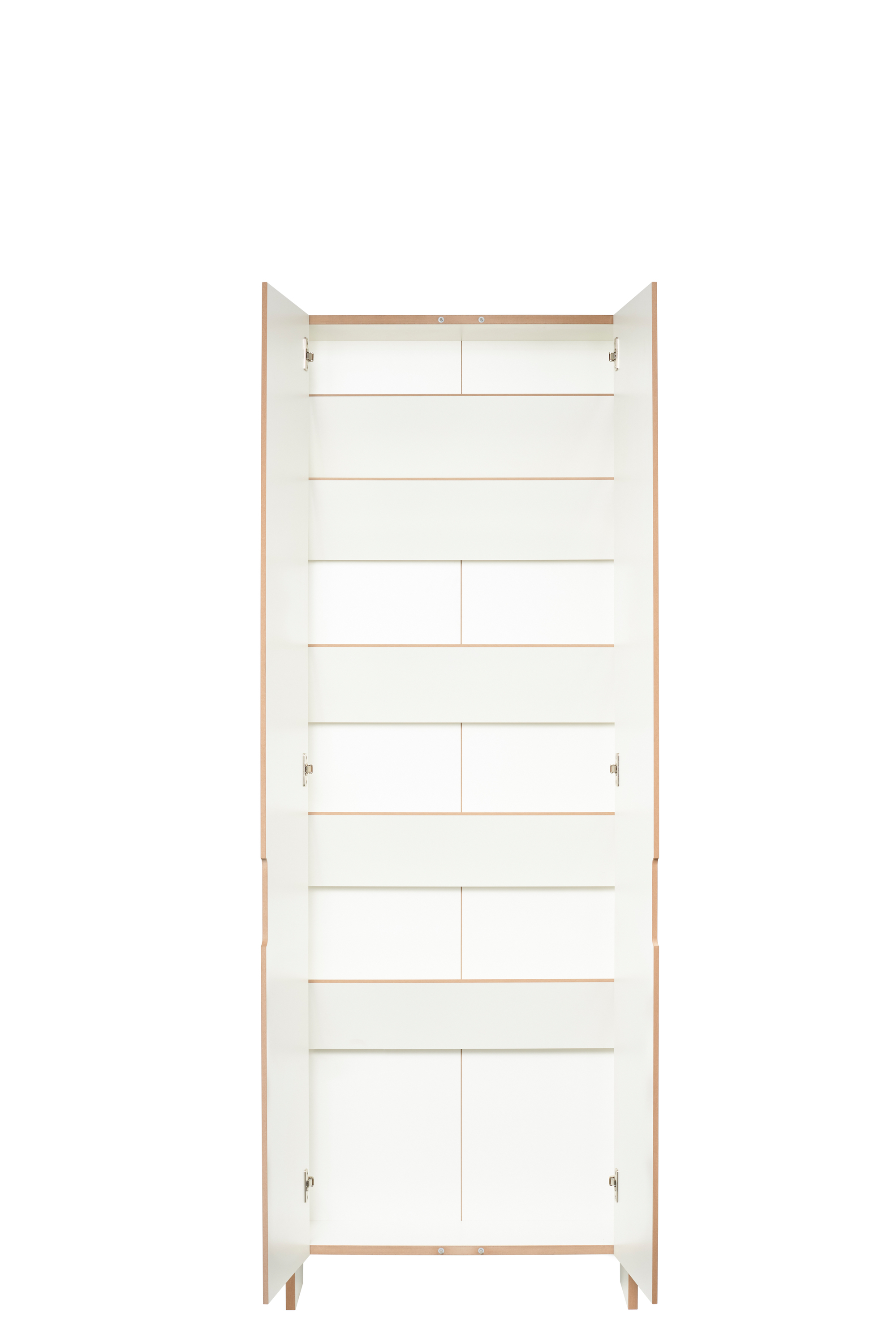 Tojo Schuhschrank Flachmann mit geöffneten Türen, weiße Fächer und helle Holzumrandung für eine moderne Einrichtung.