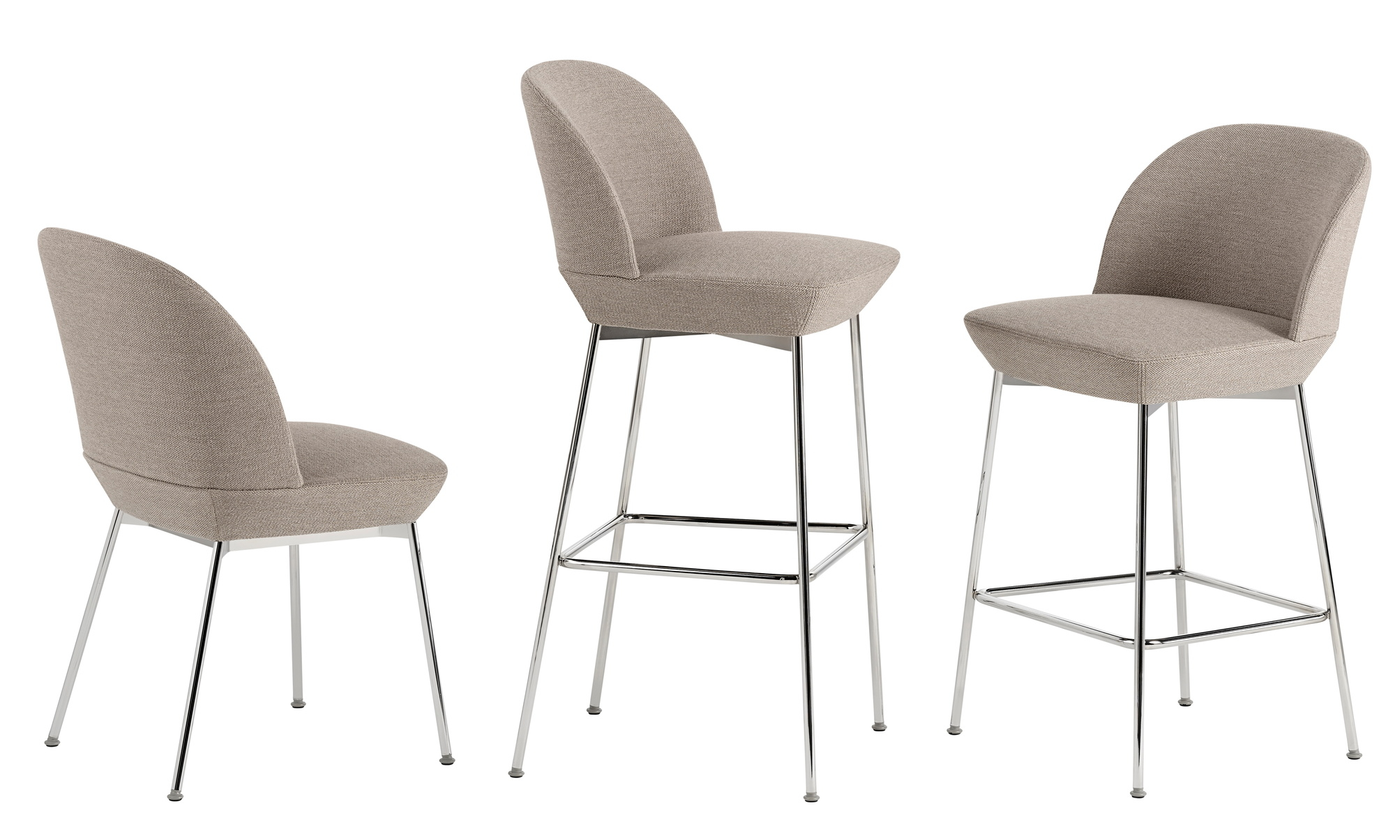 Drei Oslo Counter Stools von Muuto, Barhocker mit beigem Stoffbezug und Chromgestell.