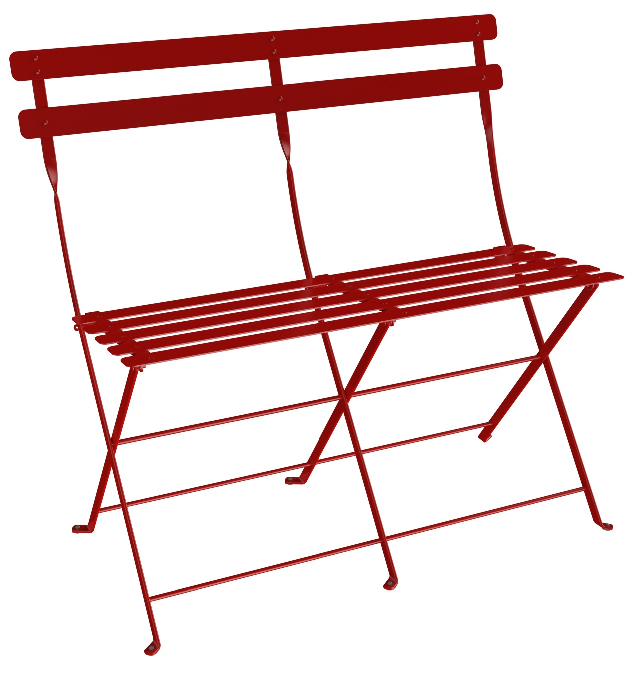 Rote Fermob Bistro Klappbank für zwei Personen, ideal für Garten, Balkon oder Terrasse.