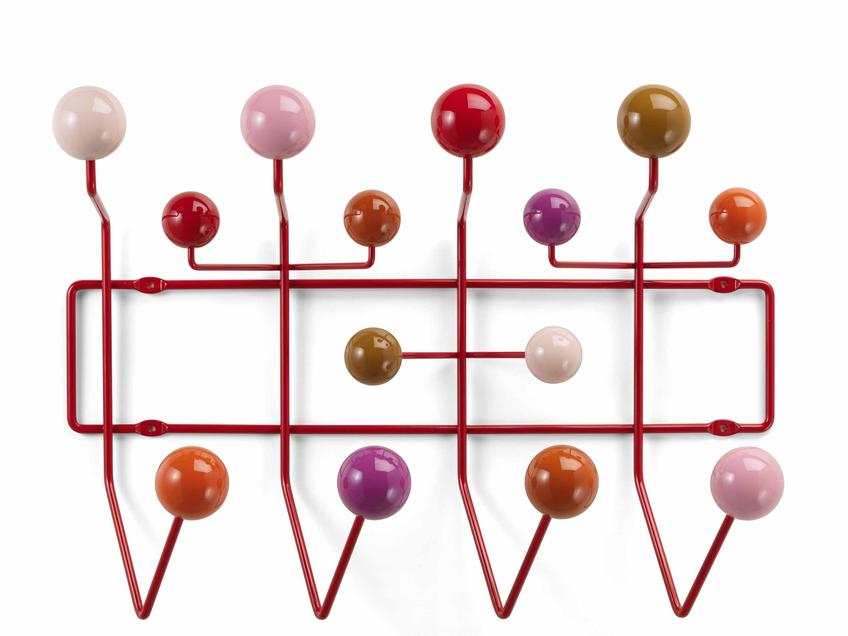Eames Hang it all Garderobe Warm von Vitra mit bunten Holzkugeln und rotem Gestell.