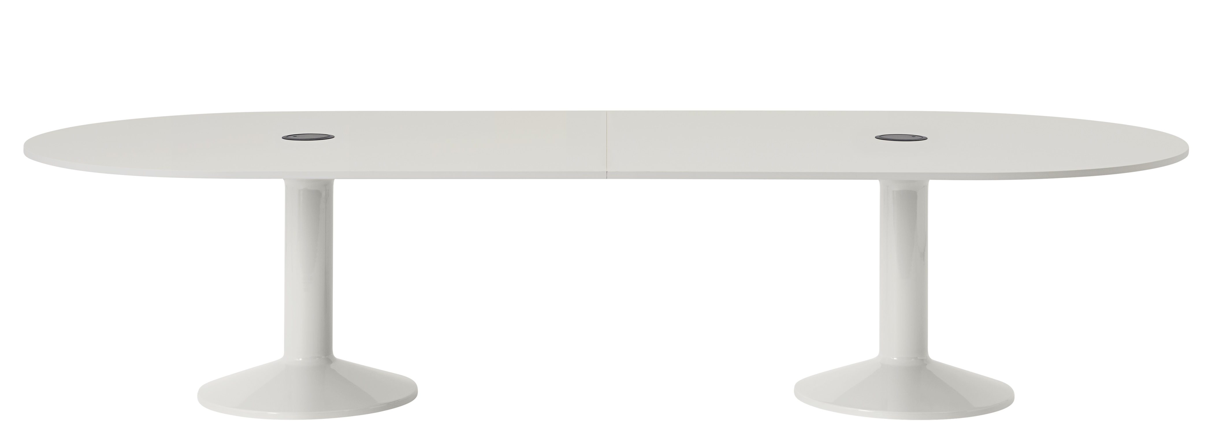 Weißer Midst Konferenztisch von Muuto, oval, mit zwei Säulenfüßen und Kabeldurchlässen für moderne Büros.