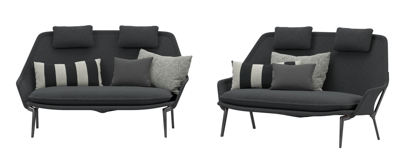 Slow Sofa von Vitra aus Stoff, modernes Design Sofa mit Kissen in verschiedenen Grautönen.