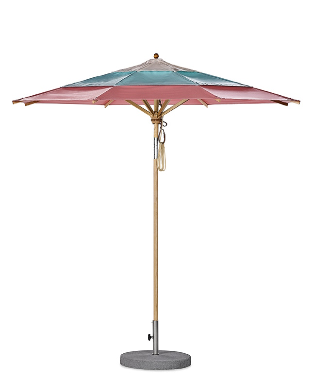 Weishäupl Klassiker Sonnenschirm mit Holzgestell und buntem Schirmdach, ideal für Garten und Terrasse.