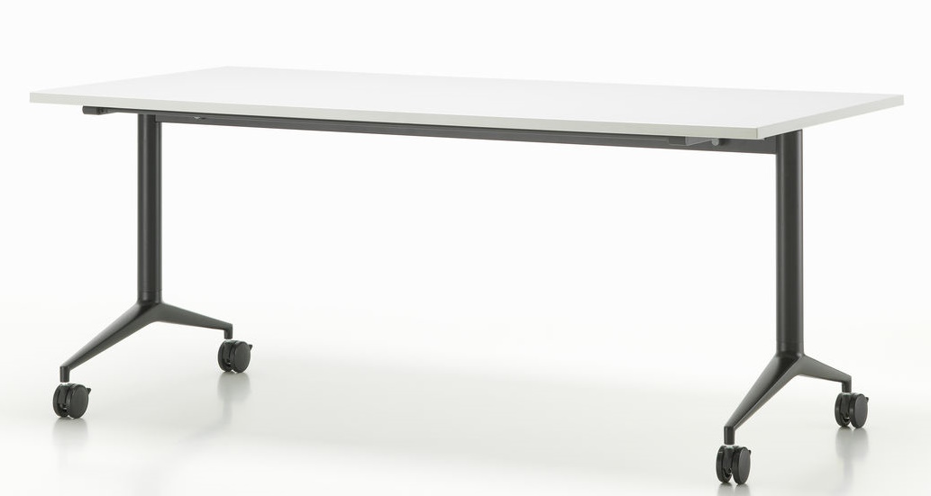 Vitra MedaMorph Klapptisch mit weißer Tischplatte und schwarzem Gestell mit Rollen.