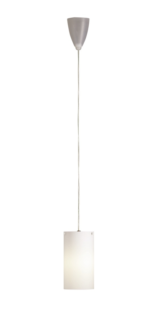 HLWS 04 Pendelleuchte von Tecnolumen: Moderne Hängelampe mit zylindrischem, weißem Lampenschirm und silbernem Baldachin.