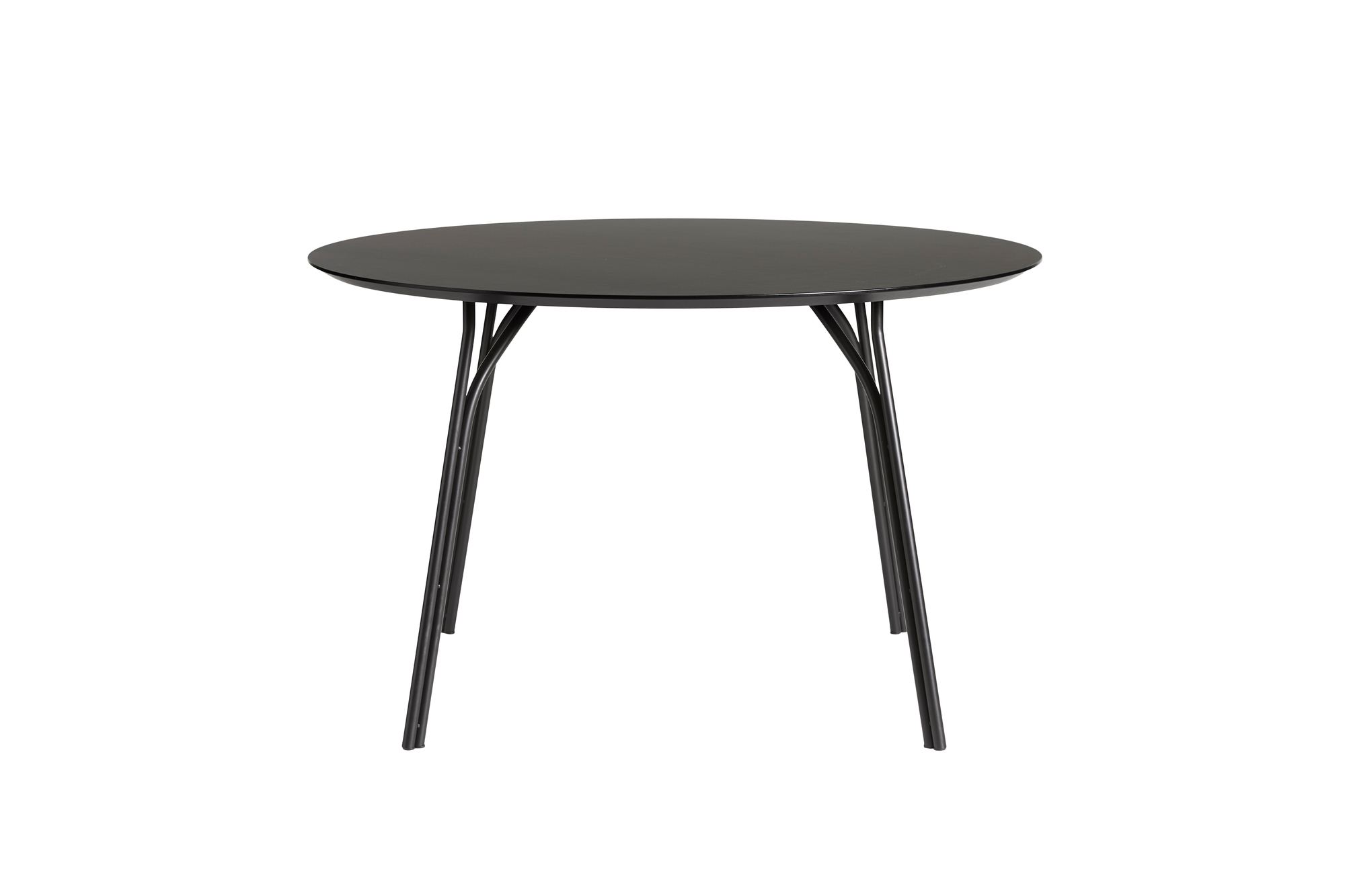 Schwarzer, runder Tree Esstisch von Woud mit filigranem Metallgestell, ideal für moderne Esszimmer.