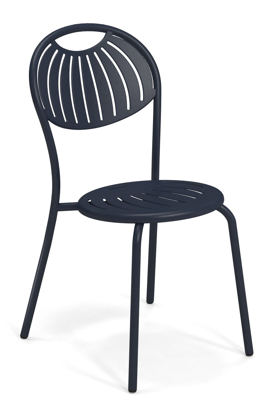 Coupole Stuhl Outdoor Emu, blauer Metallstuhl mit rundem Sitz und geschwungener Rückenlehne für Garten oder Terrasse.