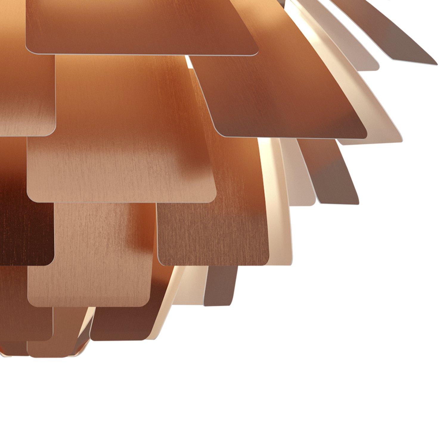 Detailaufnahme der PH Artichoke Pendelleuchte von Louis Poulsen in Kupfer. Design Lampe.