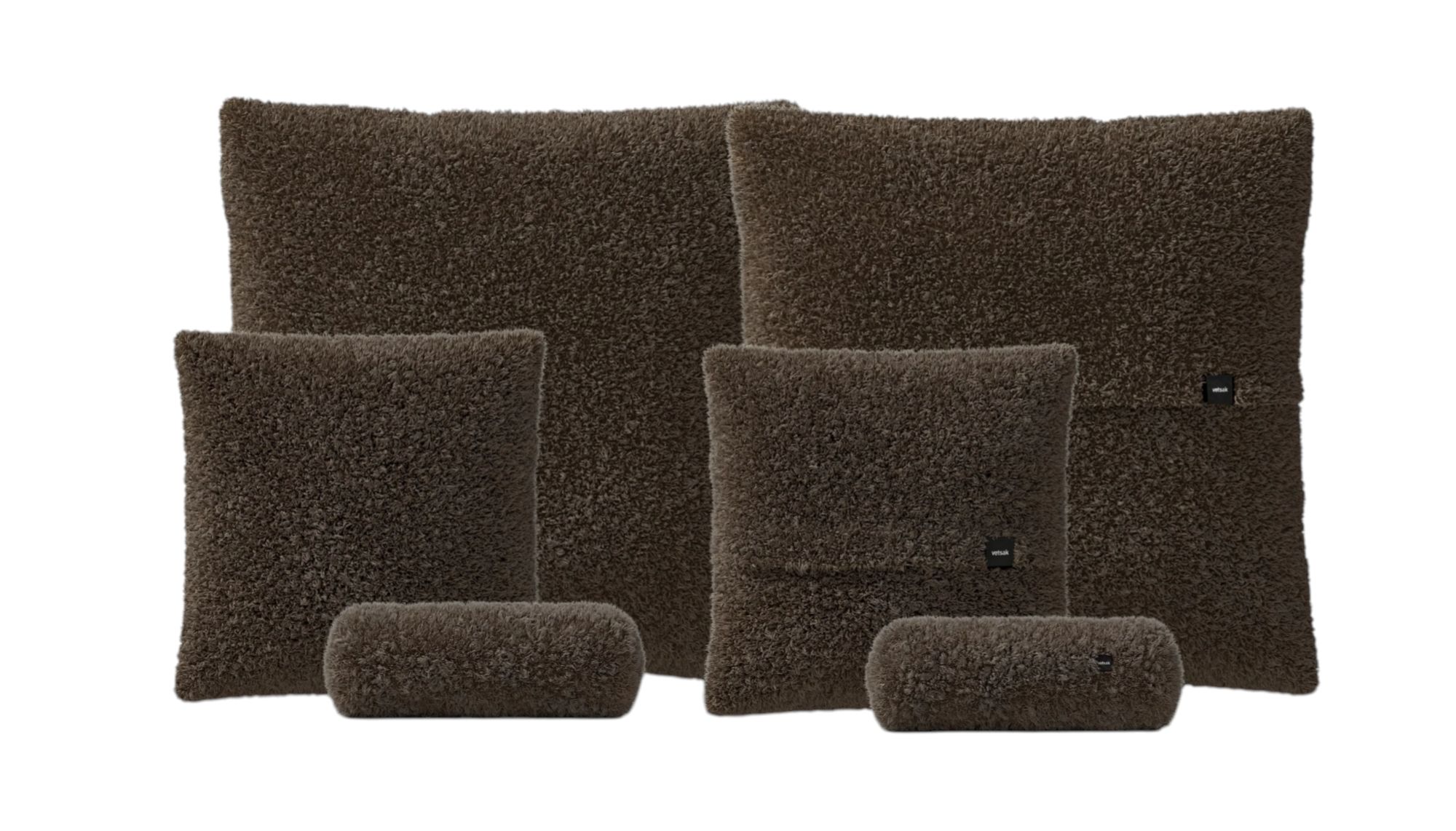 Vetsak Pillow Set, 6-teilig, braun, bestehend aus Kissen in verschiedenen Größen und Rollkissen.