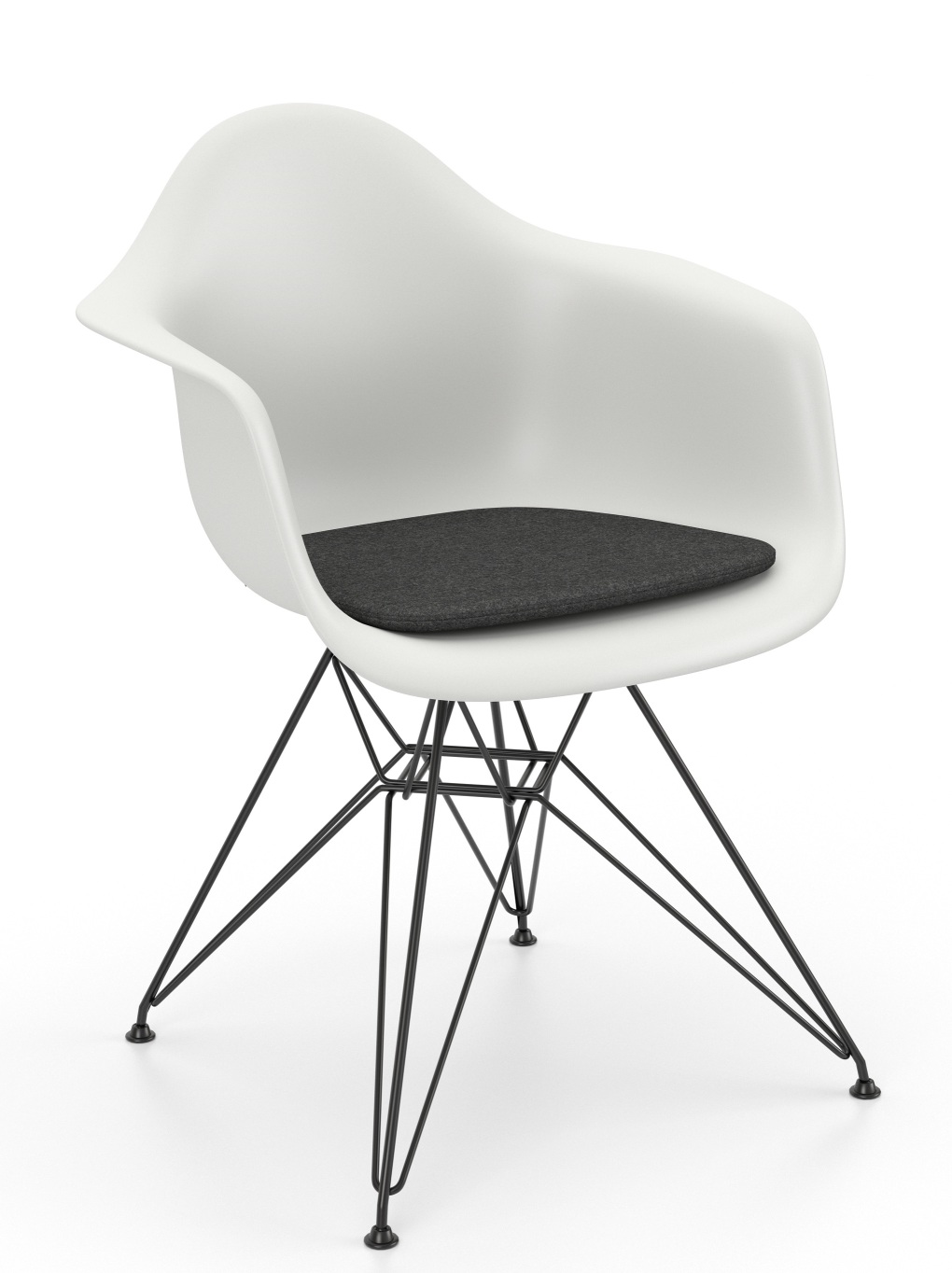 Weißer Kunststoffstuhl mit schwarzem Drahtgestell und grauer Vitra Soft Seats Typ A Sitzauflage.