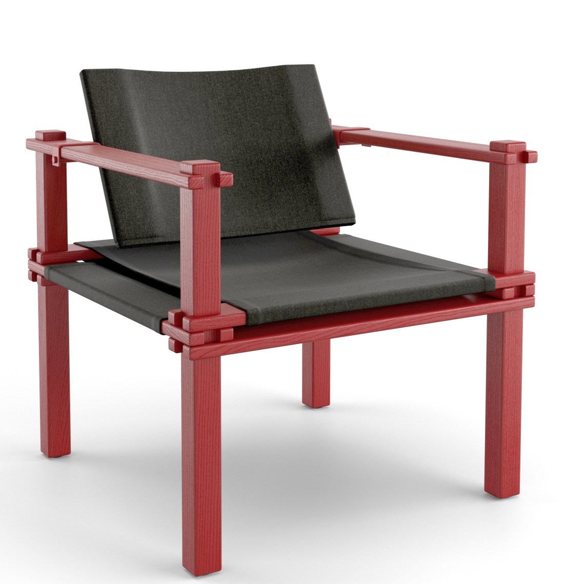 Farmer Sessel Outdoor Cor: Moderner Outdoor-Sessel aus Holz mit grauer Sitzfläche und Rückenlehne.