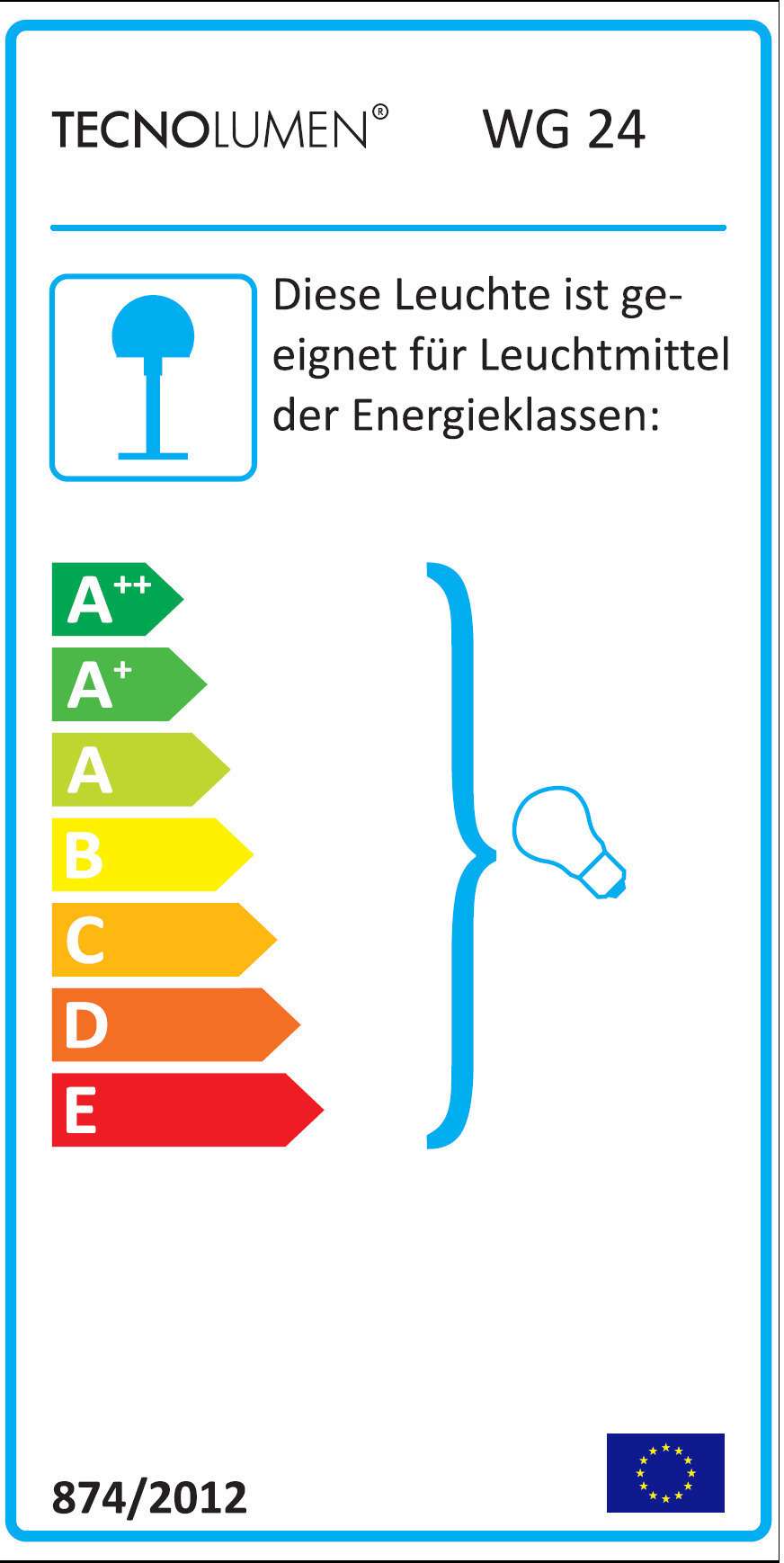 Energieeffizienzlabel der Tecnolumen WG24 Wagenfeld Tischleuchte, geeignet für Leuchtmittel der Energieklassen A++ bis E.