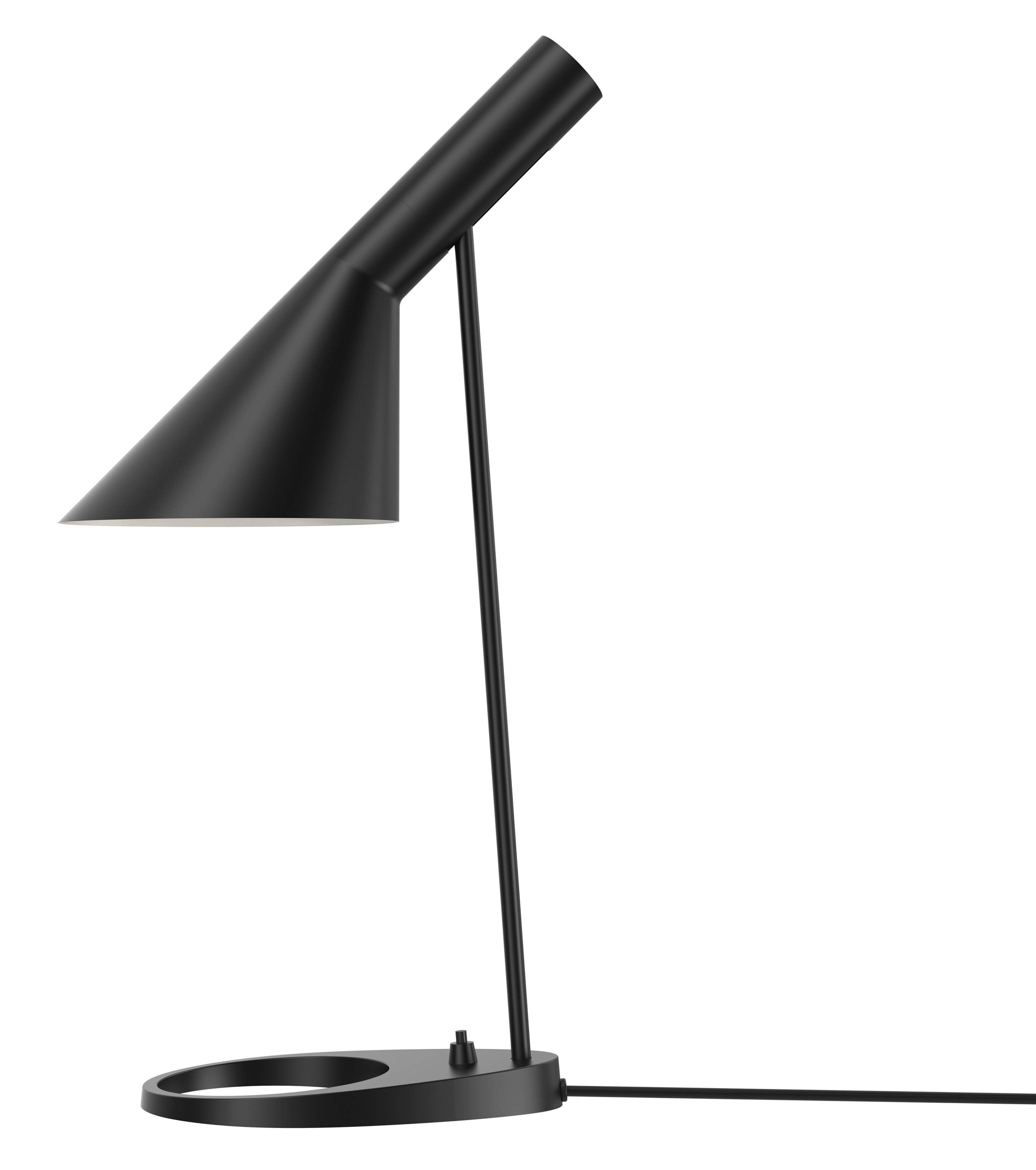 Schwarze Louis Poulsen AJ Tischleuchte mit konischem Lampenschirm und rundem Fuß für modernes Design.